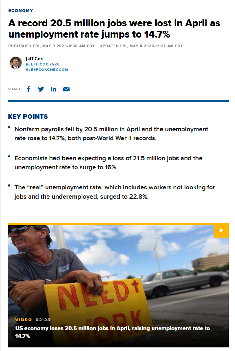 CNBC: A record 20.5 million jobs were lost in April as unemployment rate jumps to 14.7%