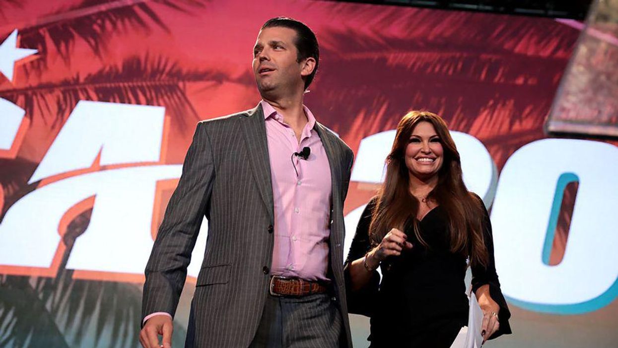 Donald Trump, Jr. and Kimberly Guilfoyle speaking with attendees at the 2018 Student Action Summit hosted by Turning Point USA at the Palm Beach County Convention Center in West Palm Beach, Florida.