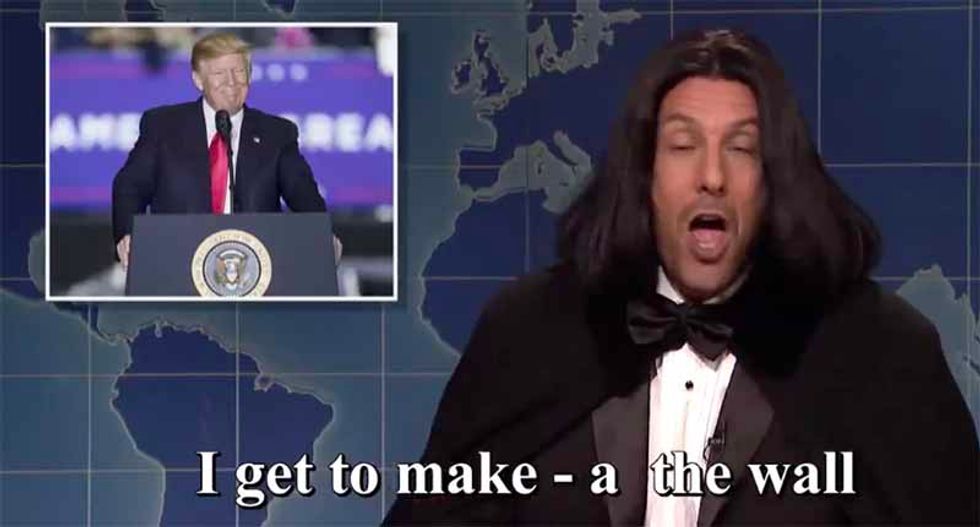 ‘I get to make the wall — Putin makes me his beetch’: Adam Sandler’s ‘Opera Man’ returns to SNL after 24 years to excoriate Trump, Biden