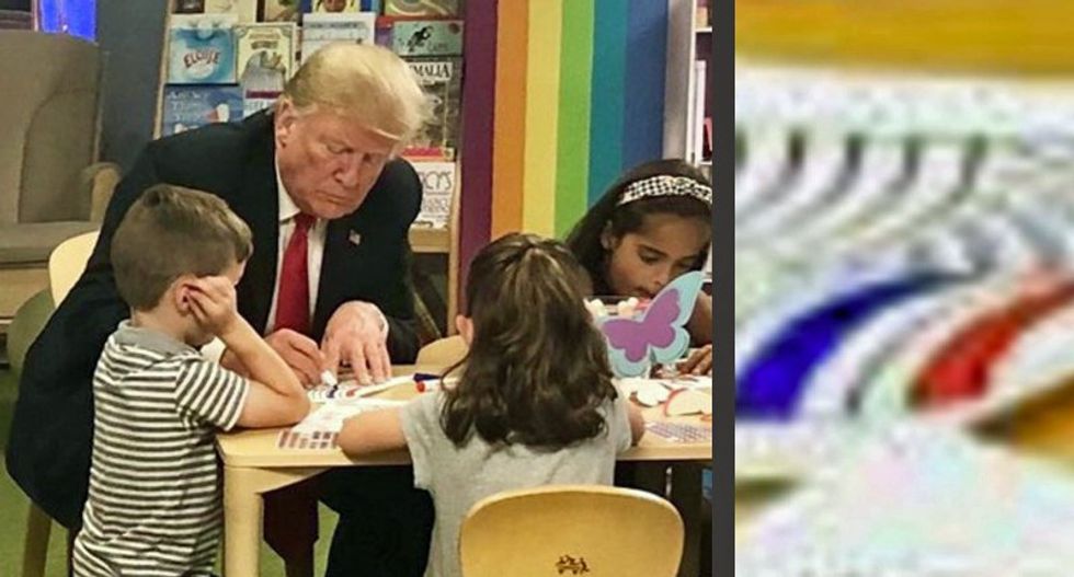 Trump Managed to Botch a Photo-op with Ohio Kids by Coloring His American Flag Incorrectly