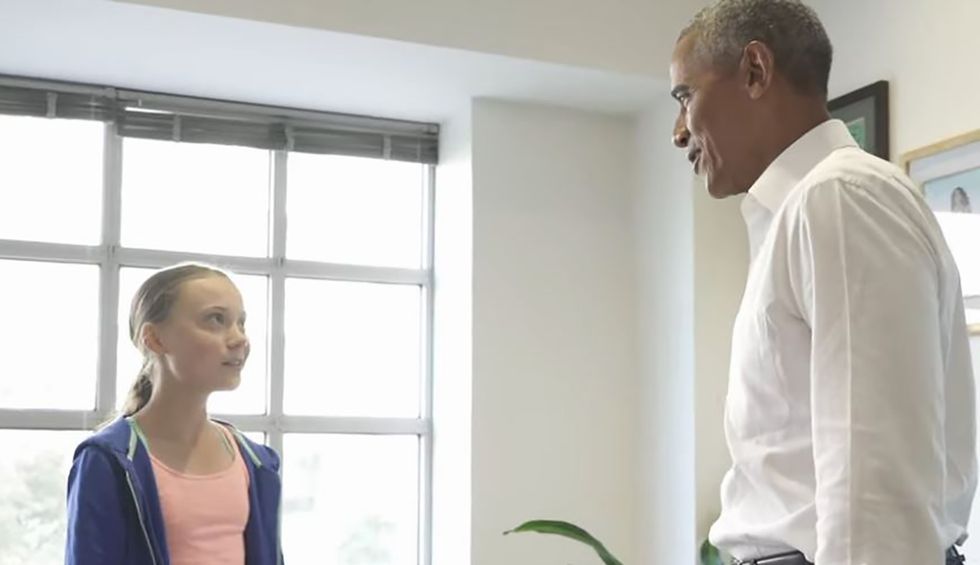 Climate activist Greta Thunberg meets with a  President Obama to discuss climate change