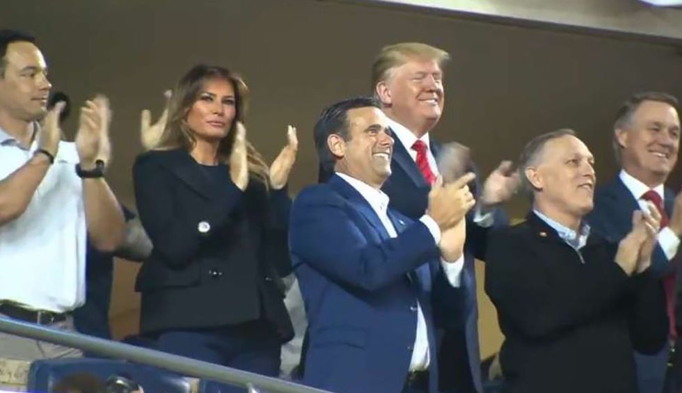 Watch Trump’s face change once he realizes World Series ballpark crowd is chanting ‘lock him up’