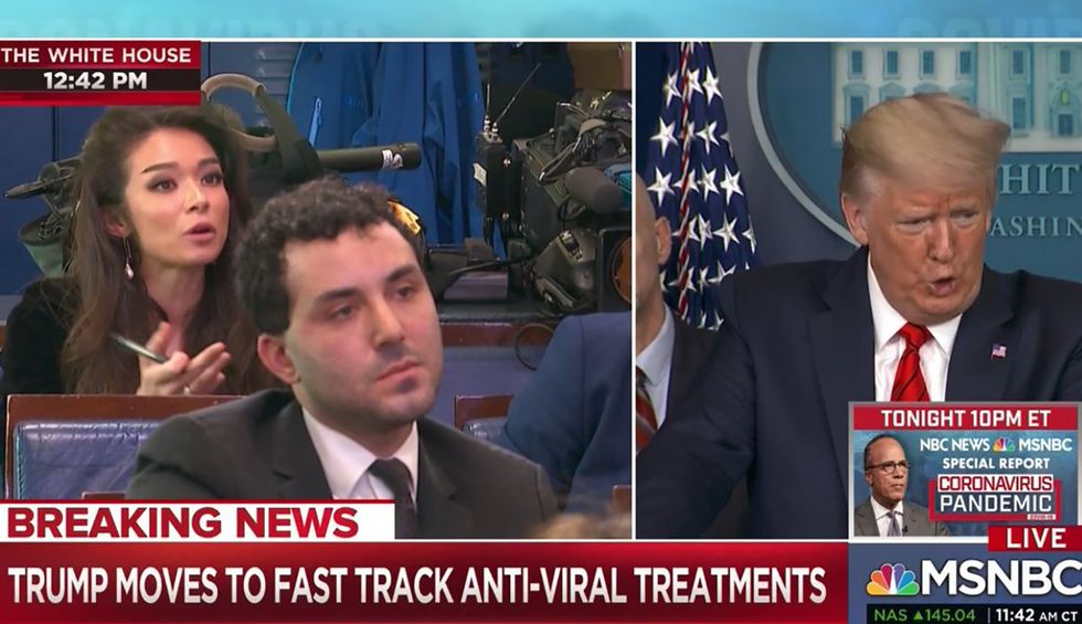 OAN correspondent goes 'full Q in the briefing room' — tells Trump the media has 'teamed up' with foreign state propaganda