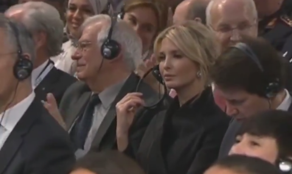 Watch Ivanka Trump sit in stony silence as Germany's Angela Merkel rips her father's trade war with Europe
