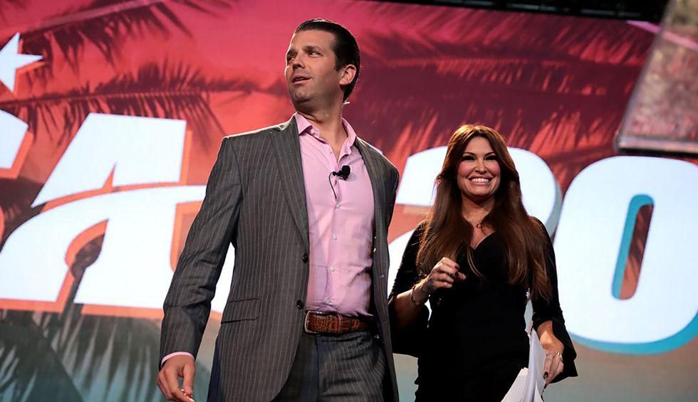 Donald Trump, Jr. and Kimberly Guilfoyle speaking with attendees at the 2018 Student Action Summit hosted by Turning Point USA at the Palm Beach County Convention Center in West Palm Beach, Florida.