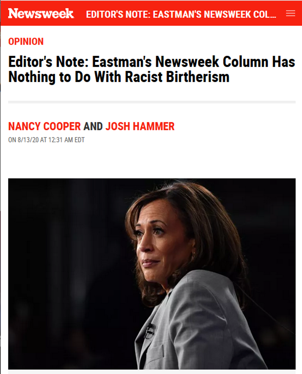Newsweek: Eastman's Newsweek Column Has Nothing to Do With Racist Birtherism