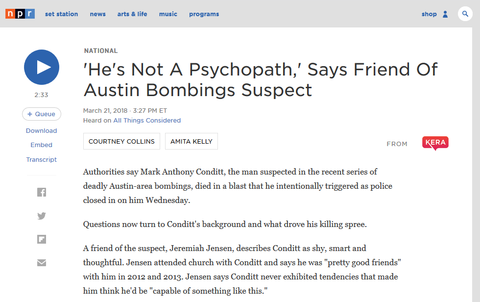 NPR: 'He's Not A Psychopath,' Says Friend Of Austin Bombings Suspect