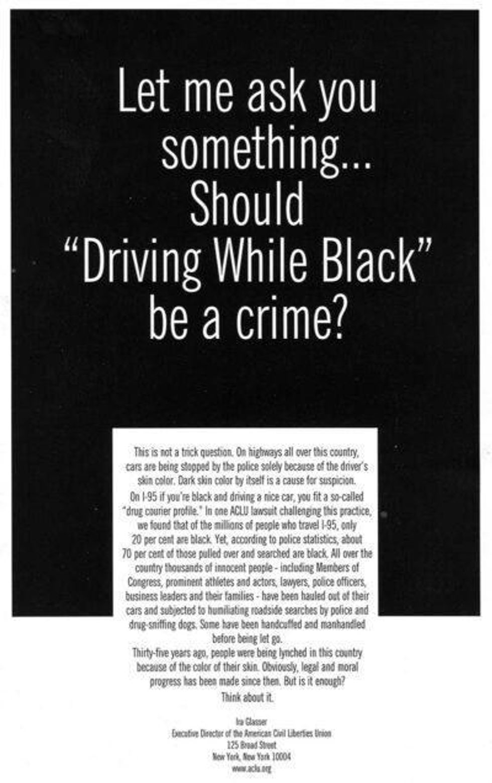 Text in image: Let me ask you something... Should Driving While Black be a crime?
