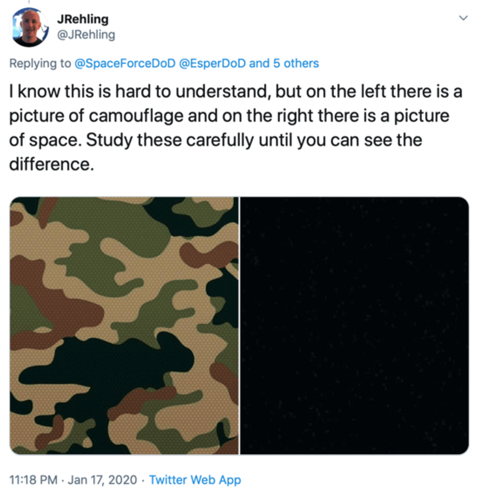 Tweet illustrating problems with new Space Force uniform