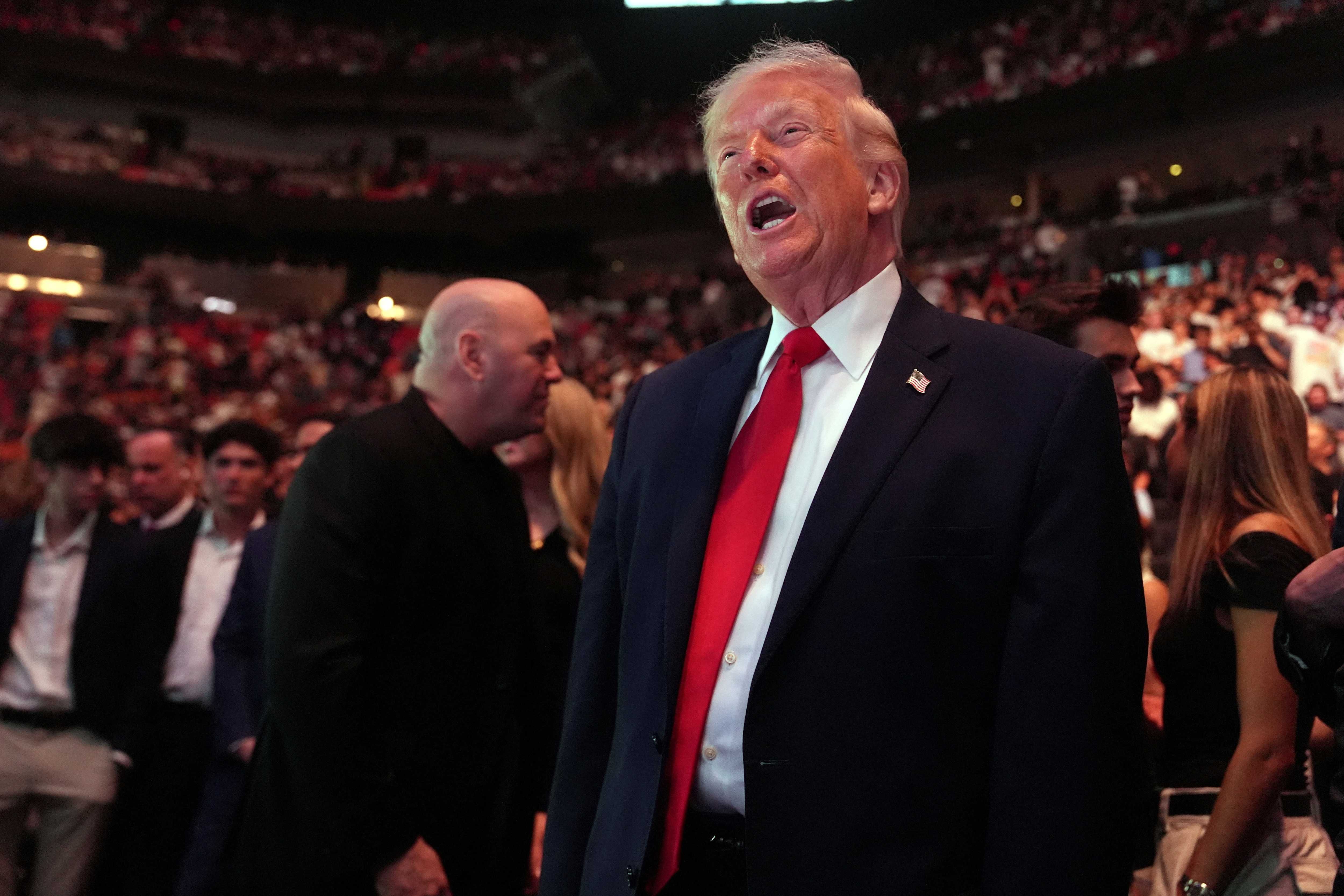 U.S. President Donald Trump attends UFC 327 at Kaseya Center in Miami, Florida, U.S., April 11, 2026.