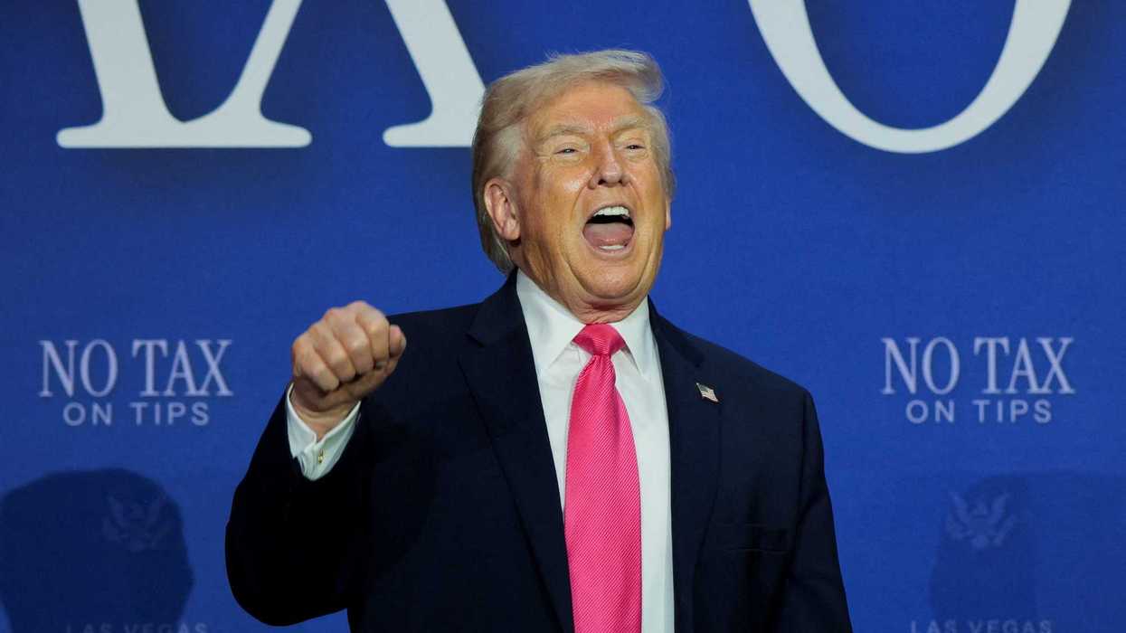 U.S. President Donald Trump gestures during a roundtable focused on tax cuts in Las Vegas, Nevada, U.S., April 16, 2026.